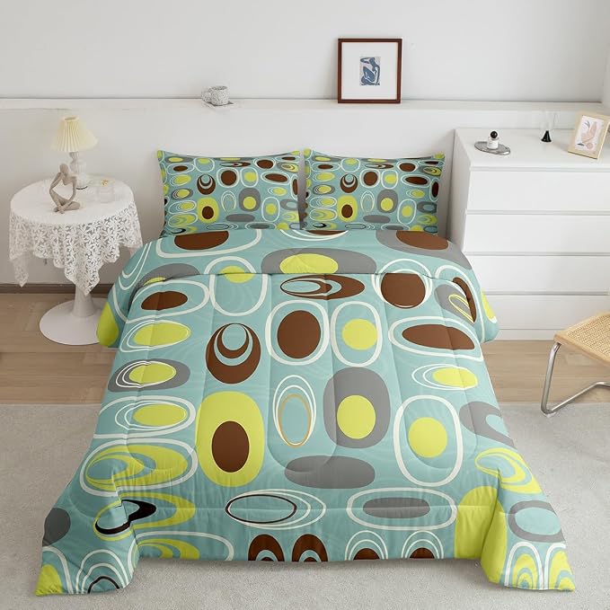 Teal Minimalist Bedding Set Twin Geometric Circles Comforter Set, Abstract Spiral Swirl Duvet Insert Geometric Stripes Quilt Comforter, Modern Aesthetic Bedding Comforters & Sets Room Decor
