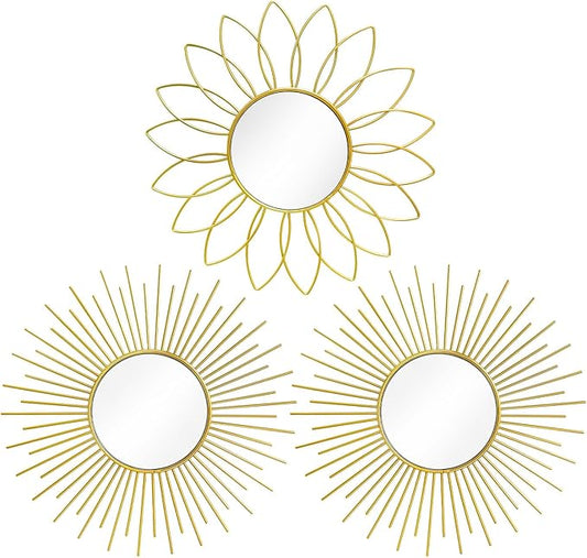 3 Pack Metal Mirrors for Wall Sunburst Wall Mirrors Home Décor Decorative Hanging Wall Art for Living Room Bedroom Entryway (Gold2, Flower+Sunburst)
