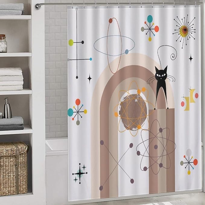 Atomic Cat Shower Curtain,Mid Century Modern Funny Black Cat Geometric Arched Abstract Modern Art Minimalist Boho Bathroom Curtain Polyester Waterproof Fabric Decor 66x72in（168x183cm）