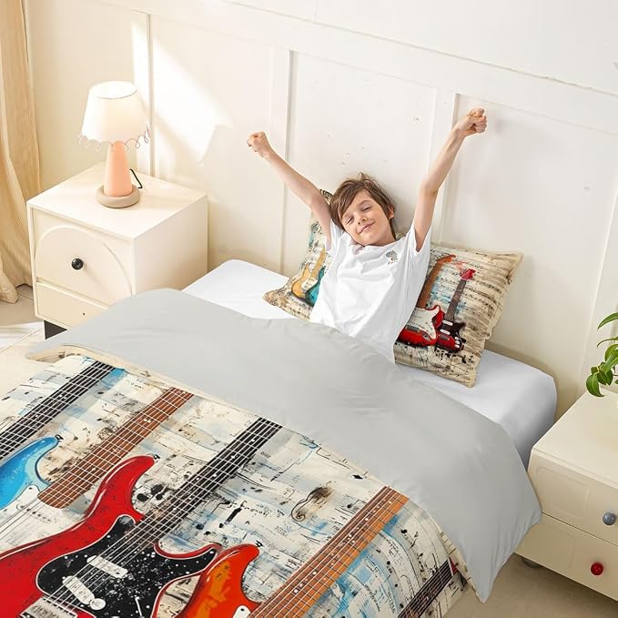 Erosebridal Chic Guitar Toddler Comforter Cover Retro Musical Staves Pattern Bedding Set Rock Music Lovers Room Decor Duvet Cover,Rustic Musical Notes Bed Set
