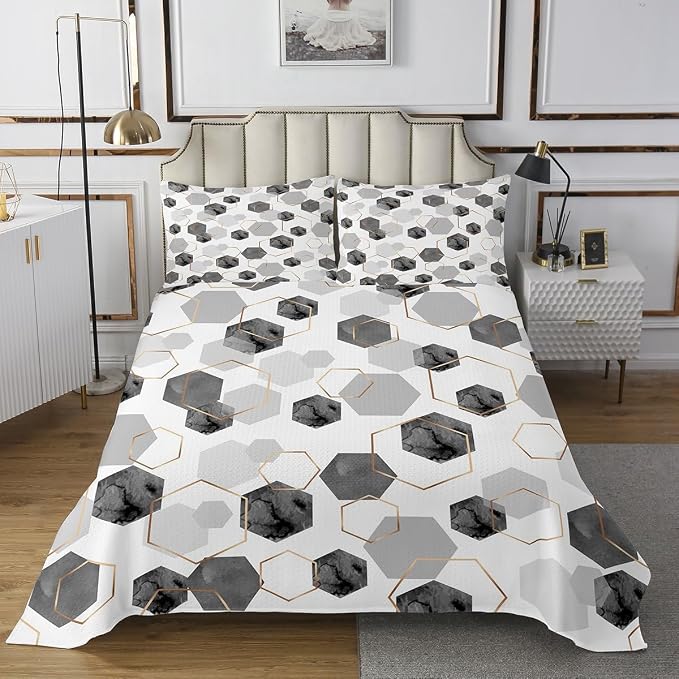 Erosebridal Grey Modern Quilt Set Twin - Marble Geometric Minimalist Coverlet Set, Fresh Abstract Geometric Art Decor Bed Sets for Boys Girls Watercolor Hexagon Quilts with 1 Pillowcase