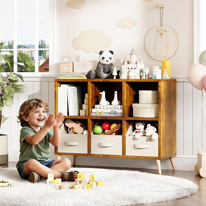 6 Cube Storage Organizer, Wood Bookcase with Legs, Modern Freestanding Cubby Shelving Unit, Book Shelf Toy Storage Cabinet for Bedroom, Living Room, Kids Room, Fits 11 Inch Bins, Rustic Brown