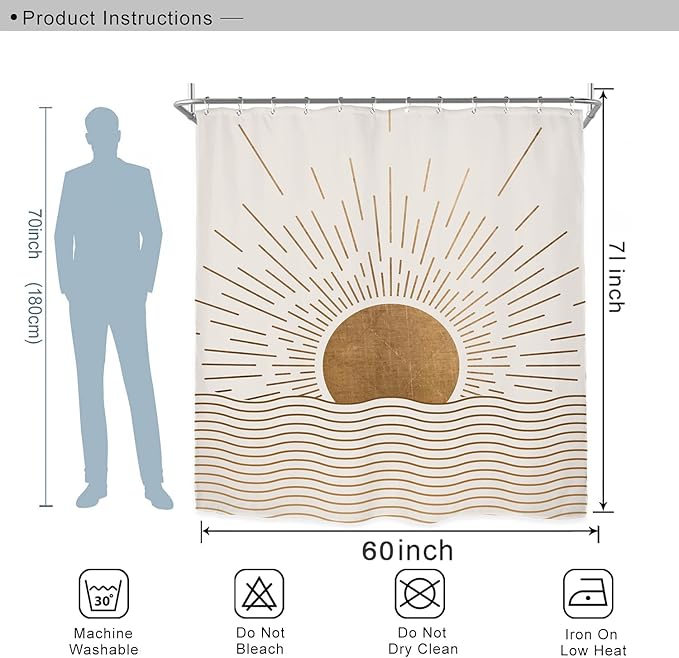 Miyotaa Sun Minimalist Shower Curtain Set 60Wx71H Inches Mid Century Sunrise Sunset Vintage Aesthetic Retro Polyester Waterproof Cloth Bathroom Curtain with 12 Hooks