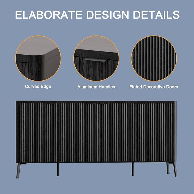 Buffet Cabinet, 63" Large Sideboard Buffet Cabinet with Storage, Modern Fluted Sideboard with 4 Doors, Wood Credenza Coffee Bar Storage Cabinet, for Living Room, Kitchen, Hallway, Black