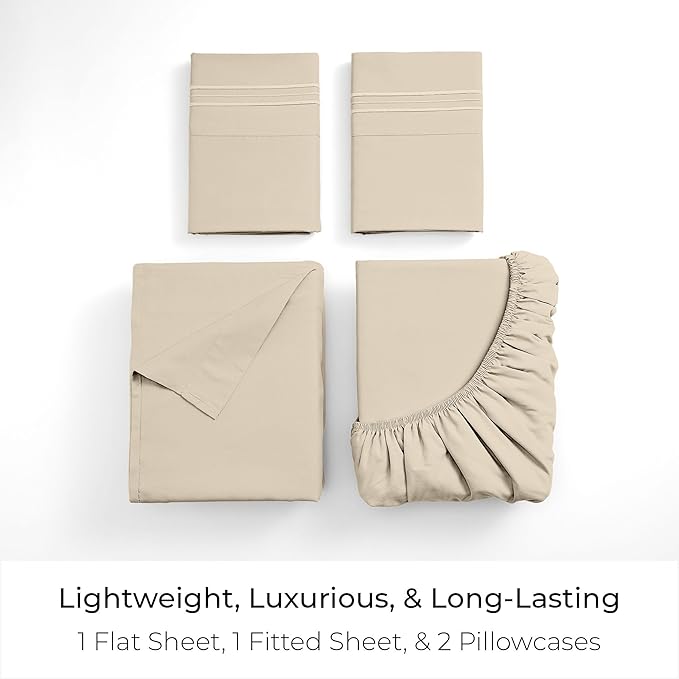 Mellanni Full Sheets Set - 4 PC Iconic Collection Bedding - Hotel Luxury, Extra Soft, Cooling Bed Sheets - Wrinkle, Fade, Stain Resistant (Full, Beige)