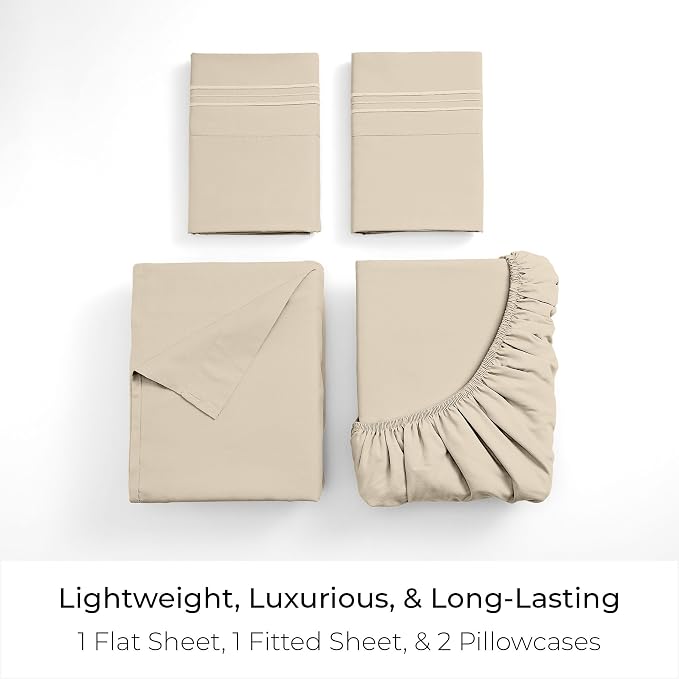 Mellanni California King Sheets Set - 4 PC Iconic Collection Bedding - Hotel Luxury, Extra Soft, Cooling Bed Sheets - Wrinkle, Fade, Stain Resistant (Cal King, Beige)