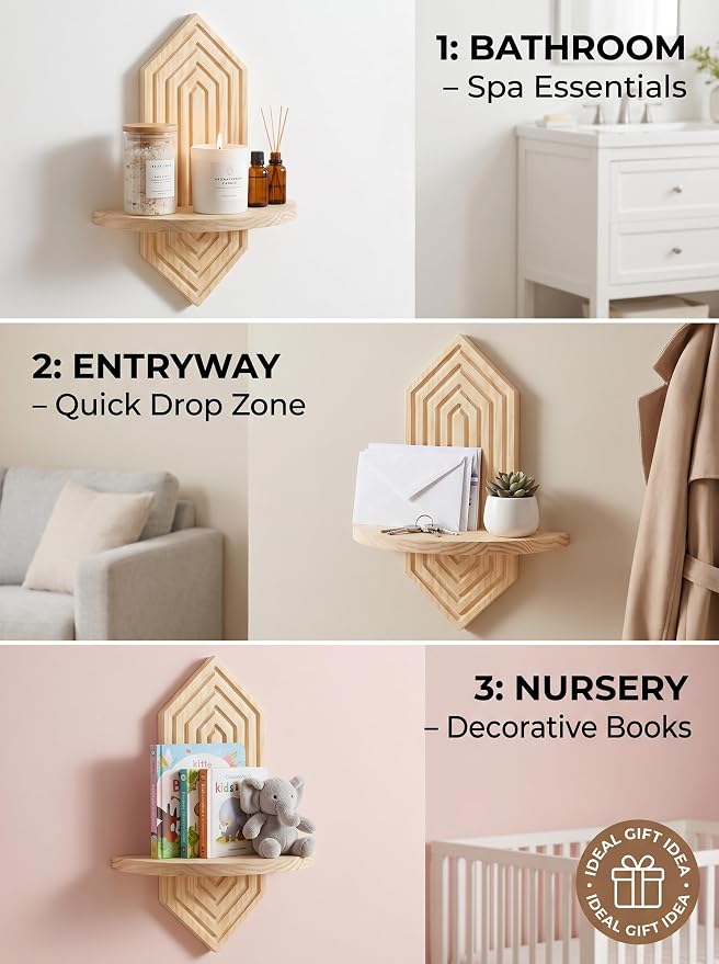 2 Pcs Floating Shelves for Wall, Pine Wood Boho Wall Decor, Mid Century Modern Decor Plant Wall Shelf, Vertical Wall Plant Holder,for Living Room,Bedroom，Nursey Room (Natural)
