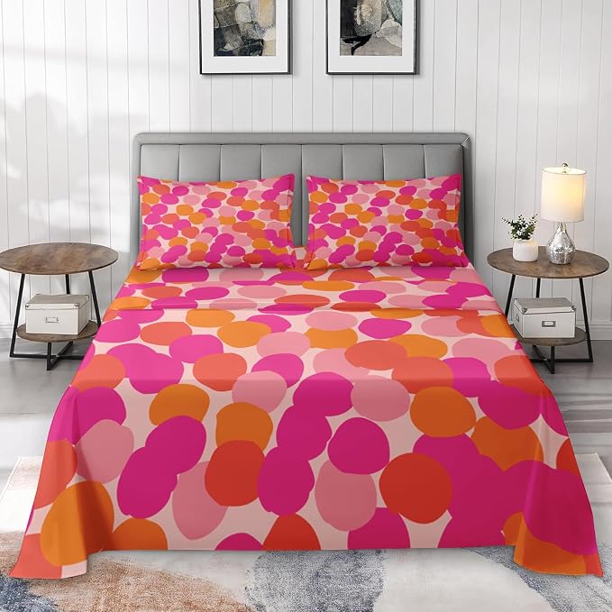 Pamnest Queen Size Bed Sheet Sets, Pink Orange Colorful Soft Microfiber 4 Pcs Bedding Sets for Kids and Adults Bedroom Bed Decor, Geometric Abstract Dots Flat, Fitted Sheet and 2 Pillowcases