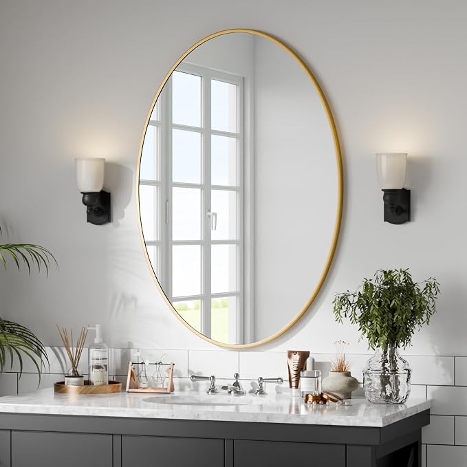 26"x38" Oval Bathroom Mirror with Gold Metal Frame - Oval Wall Mirror Hanging or Leaning Vertical or Horizontal for Bedroom, Living Room, Entryway