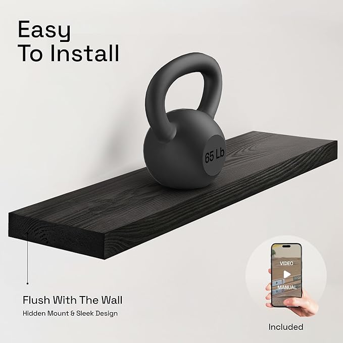 BAOBAB WORKSHOP Solid Wood Floating Shelves for Wall 30 Inches Long, Real Wooden Bathroom Shelf Large, Heavy Duty Wall Shelves Mounted Kitchen Bedroom, Black Shelf, 30W × 6.7D, Set of 2