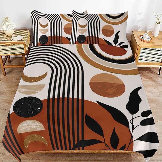 Mid Century Moon Phase Duvet Cover Sets Boho Modern Palm Leaves Arch Minimalist Printed Lightweight Soft Quilt Cover Soft Microfiber 3 Piece (1 Duvet Cover 79x90in + 2 Pillow Sham 20x30in)