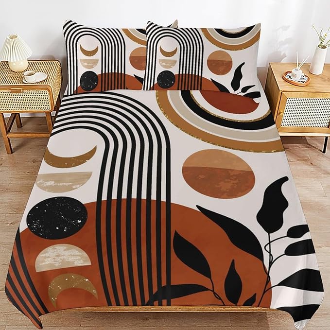 Mid Century Moon Phase Duvet Cover Sets Boho Modern Palm Leaves Arch Minimalist Printed Lightweight Soft Quilt Cover Soft Microfiber 3 Piece (1 Duvet Cover 68x86in + 2 Pillow Sham 20x30in)