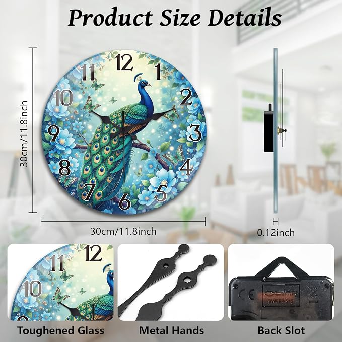 peacoblue Wall Clocks Battery Operated 12 Inch Peacock Glass Round Wall Clock Non Ticking for Kitchen Living Room Dining Room Bedroom and Bathroom Decor Accessories (Battery not Included)