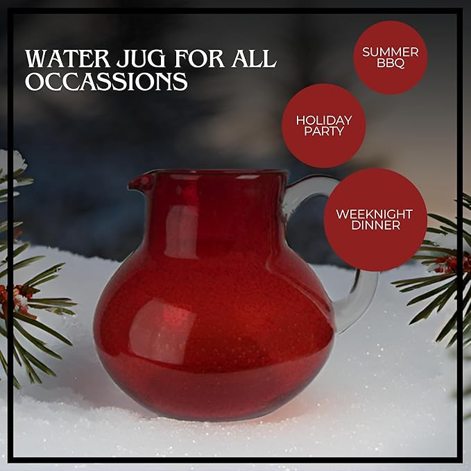 ARTLAND Iris 90oz Hand Blown Pitcher & Double Old Fashion 14oz Glasses (Set of 4) - Lead-Free Bubble Shape Glassware for Stylish Serving and Dining - Kitchen Essential & Table Decor (Ruby)