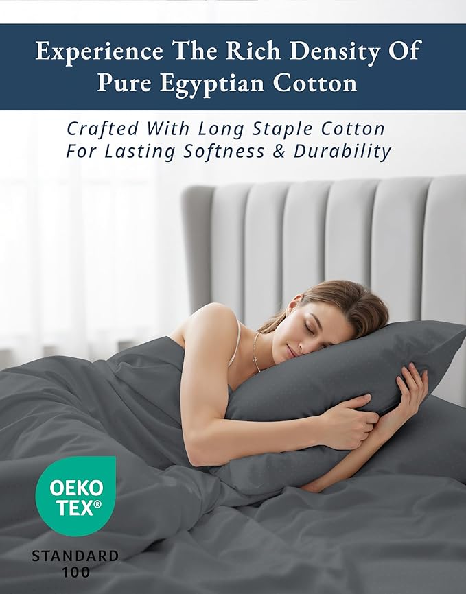 100% Egyptian Cotton Sheets Queen Size Set – Silky Sateen Weave for Winter Comfort, 15" Secure Fit Deep Pocket Queen Sheet Set, Breathable, Hotel-Quality Soft Luxury You Can Feel - Swiss Dot Charcoal
