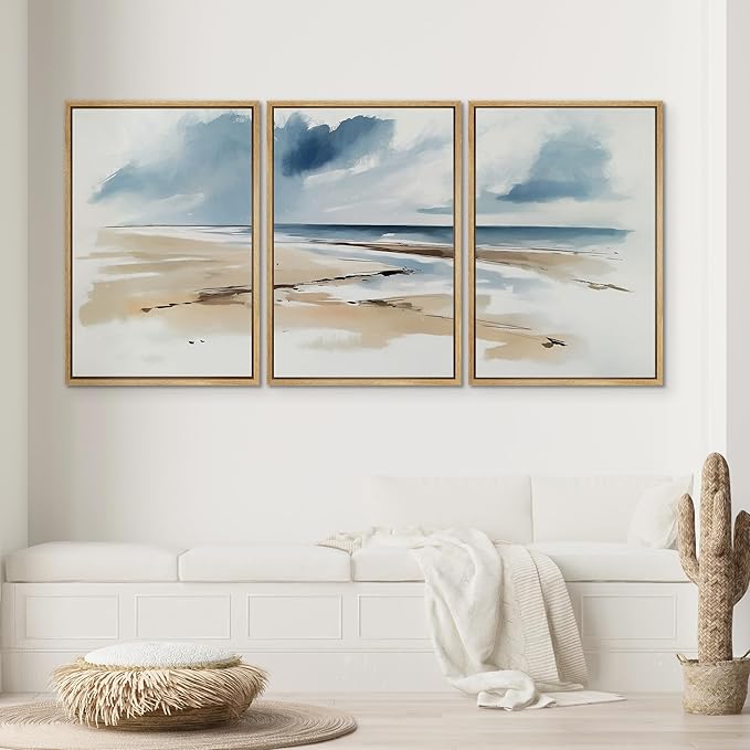 SIGNWIN Framed Canvas Print Wall Art Set Coastal Beach Horizon Blue and Tan Seascape Illustrations Modern Art Decorative Boho Relax/Zen Nordic for Living Room, Bedroom, Office - 16"x24"x3 Natural