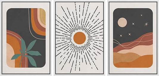 wall26 Framed Canvas Print Wall Art Set Boho Mid-Century Colorful Sun Moon Landscapes Nature Abstract Illustrations Modern Art Bohemian Decorative for Living Room, Bedroom, Office - 24"x36"x3 White