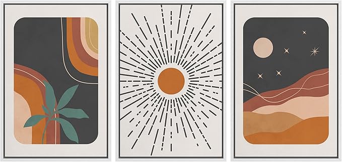 wall26 Framed Canvas Print Wall Art Set Boho Mid-Century Colorful Sun Moon Landscapes Nature Abstract Illustrations Modern Art Bohemian Decorative for Living Room, Bedroom, Office - 16"x24"x3 White
