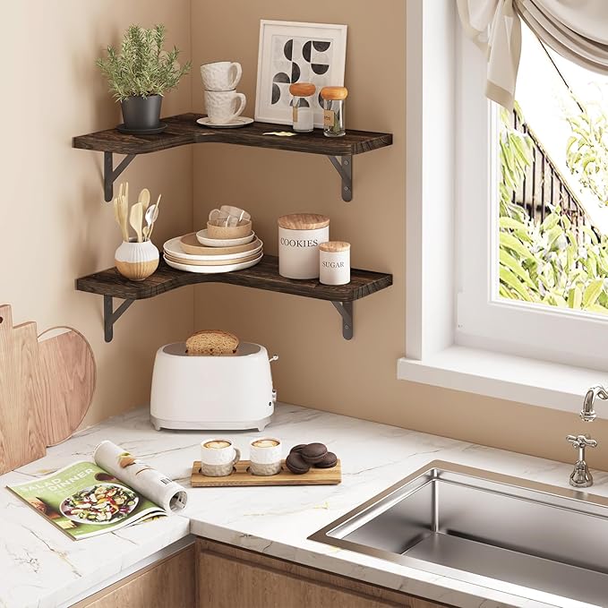 YGEOMER Corner Floating Shelves, Wall Mounted Corner Shelf for Bathroom, Kitchen, Bedroom, Home Decor, Laundry Room, Living Room(Set of 4 Dark Carbonized Black)