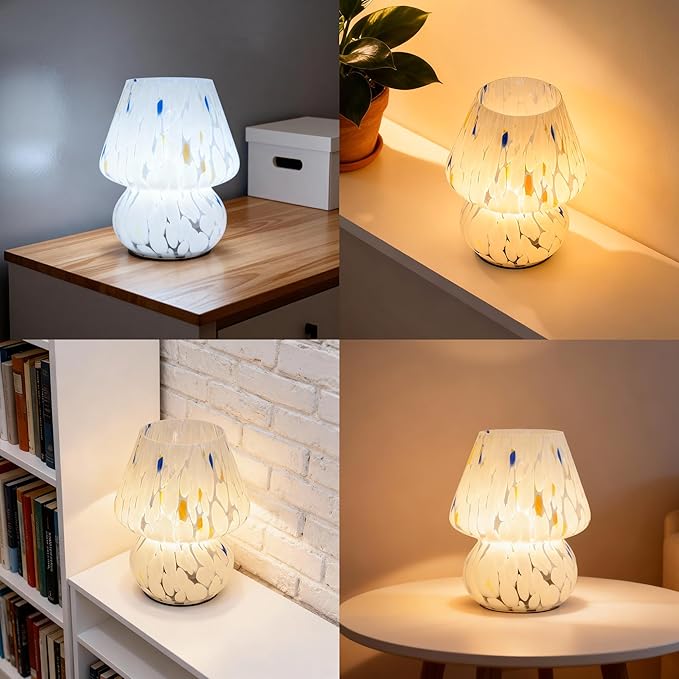 Cordless Mushroom Lamp-Modern Small Battery Operated Table Lamp with Timer for Home Decor,Aesthetic Glass Battery Powered Lamp for Bedroom/Kitchen/Living Room/Shelf Decor(White&Blue)