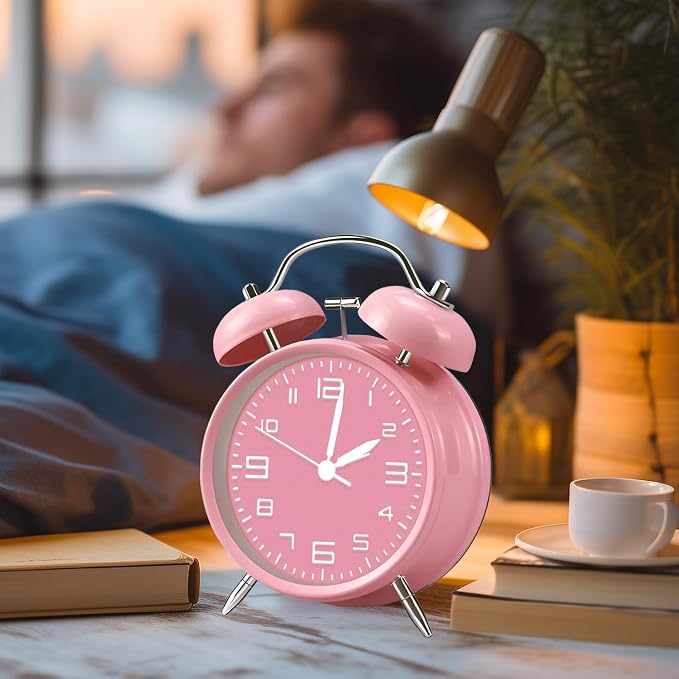 pxy Loud Alarm Clock for Heavy Sleepers 3D Dial Battery Operated (Battery Include), 4" Super Silent Analog Alarm Clock for Kids with Night Light PT260 Silver OrangePT505 Pink