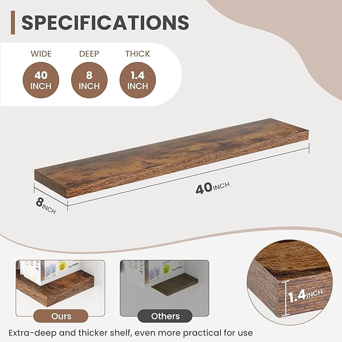 40 Inch Floating Shelves, 8 Inch Deep Floating Shelves for Wall, Hanging Shelf with Invisible Brackets, Deep Shelves for Bathroom, Bedroom, Living Room, Brown, Set of 2