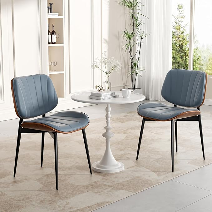 Dining Chairs Set of 6, Mid Century Modern Dining Room Chairs, Upholstered Faux Leather Kitchen Chairs with Walnut Bentwood Back and Metal Legs, Blue