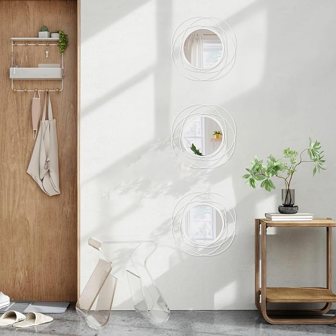 3 Pack Circle Mirror Wall Decorative Metal Wall Mirror, Art Small Round Wall Home Mirror, Decor Living Room Bedroom Bathroom Entryway 12" White