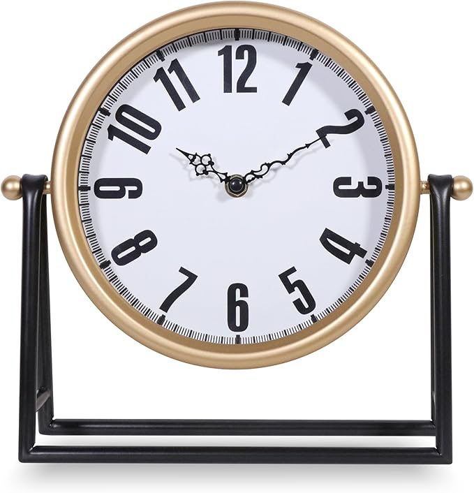 Vintage Gold Table Clock, Silent Non-Ticking Decorative Desk & Mantel Clock, Battery Operated Retro Farmhouse Shelf Decor for Living Room