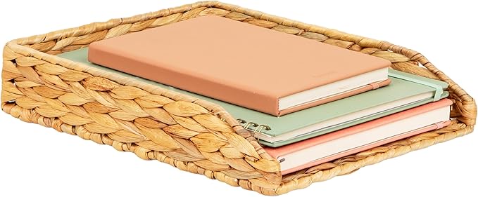 Mind Reader Rattan Paper Tray with Iron Frame, Desktop Organizer, Holds Letter Size Documents, Brown