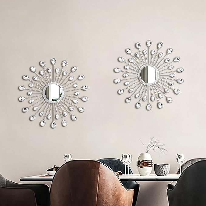 2 Pack Metal Mirrors for Wall Boho Sunburst Wall Mirror Home Decor Modern Decorative Wall Art for Bedroom Living Room Entryway