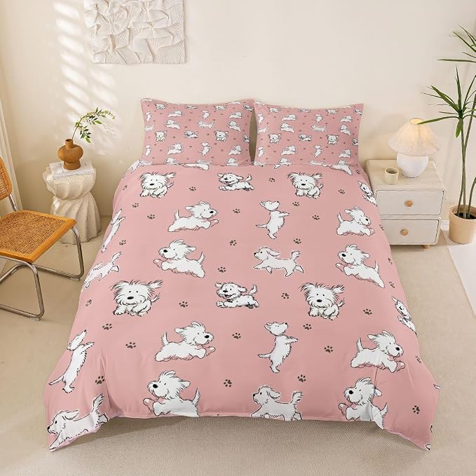 Erosebridal Cute Dog Toddler Bedding Set Cartoon Animals Pastel Pink Duvet Cover Paw Print Comforter Cover for Kids Girls Boys Adults Modern Preppy Aesthetics Bed Set