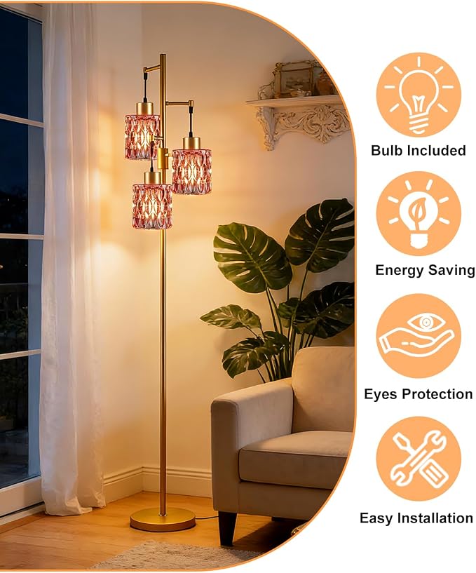3-Light Modern Glass Floor Lamp, Gold Standing Tall Lamp with Deep Red Cylinder Glass Shade for Reading, Dimmable LED Floor Lamp with 5Lbs Heavy Base for Living Room Bedroom Home Decor, Bulb Included