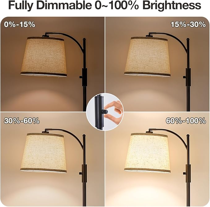 AIDENOEY Fully Dimmable Floor Lamp for Living Room，Standing Lamp Rotary Switch with Linen Beige Shade，Brown Tall Lamps for Bedroom with Adjust Head，9W LED Bulb Included