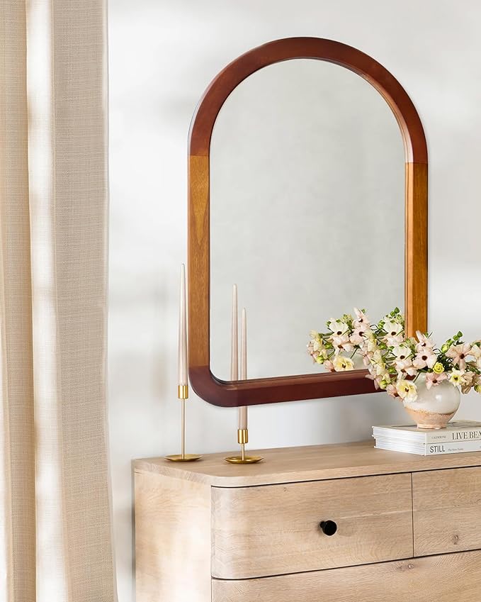 Arched Mirror 22 x 30 Inch,Brown Wood Rustic Bathroom Tempered Wall Mirror with Wood Frame,Round Corner Arch Farmhouse Wooden Vanity Mirror for Living Room,Entryway or Bedroom（Walnut Brown）