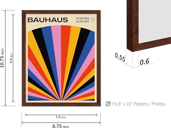 Poster Master Bauhaus Poster - Rainbow Sun Rays Print - Geometric - Abstract Art- Graphic Design - Chic Boho - Mid Century Modern Art - 8x10 Brown Framed