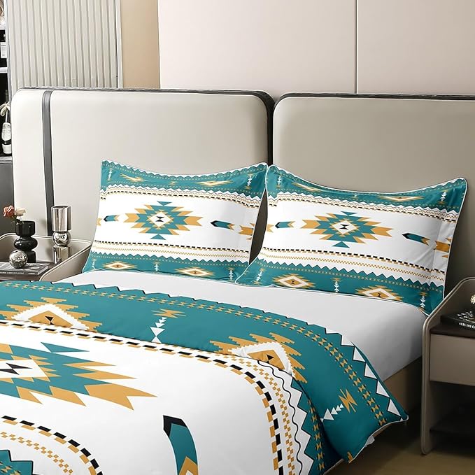 100% Cotton Boho Lattice Duvet Cover Twin, Aztec Bedding Set, Bohemian Navajo Ethnic Retro Yellow Striped Exotic Western Tribal Comforter Cover Teal Medallion Egyptian Bedroom Decor Quilt Cover