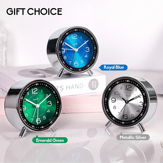 FLOITTUY Super Silent Metal Alarm Clock,Beep Wake Round Alarm Clock with Strip Night Light,Battery Operated,Easy Set,Simple & Retro for Desk, Bedroom and Home Decoration(Emerald Green)
