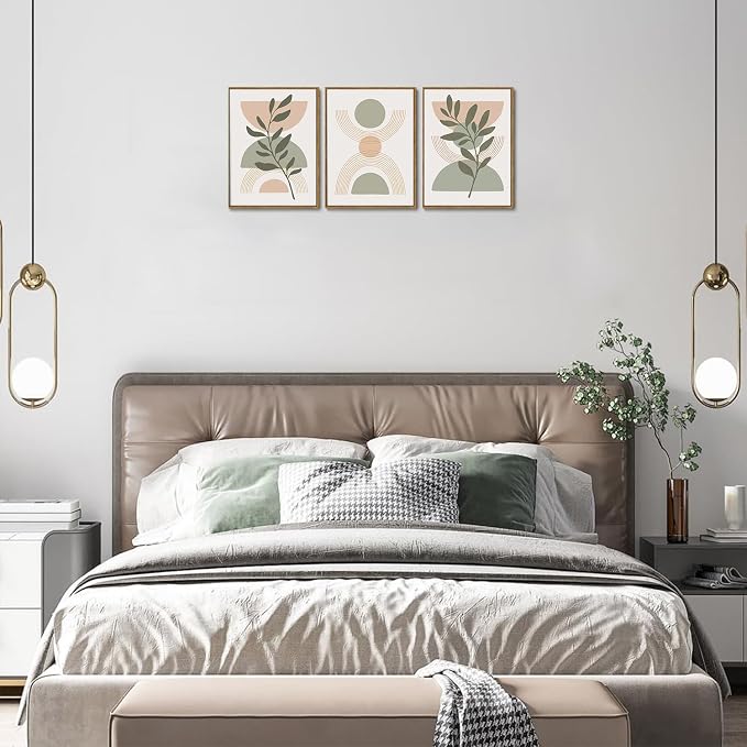 Bwodke Boho Wall Art, Framed Abstract Wall Art, Green Botanical Neutral Canvas Wall Decor, Large Mid Century Plant Pictures Set of 3, Modern Minimalist Paintings, for Bedroom Living Room Bathroom