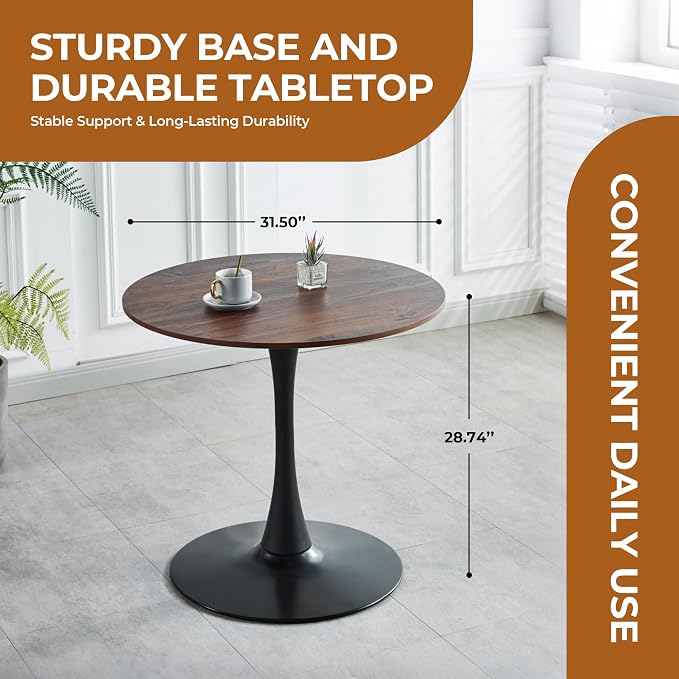 Walnut Round Dining Table, Modern 31.5" Tulip Kitchen Table with Thickened Tabletop & Sturdy Pedestal Base, Tulip Shape Table for Small Places, Living Room, Office, Cafe