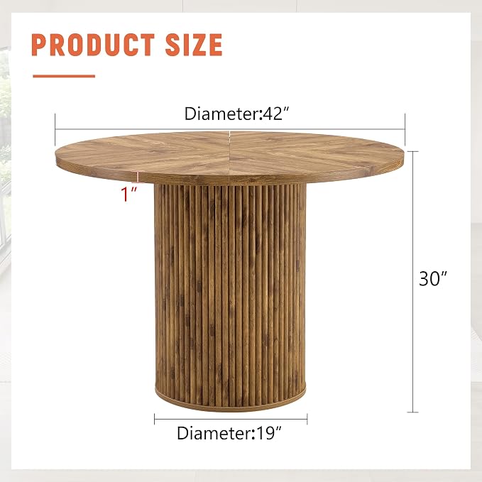 42" Round Dining Table for 4-6,Mid Century Modern Dining Room Table with Wood Grain,Rustic Kitchen Table with Round Pedestal for Dining Room Kitchen