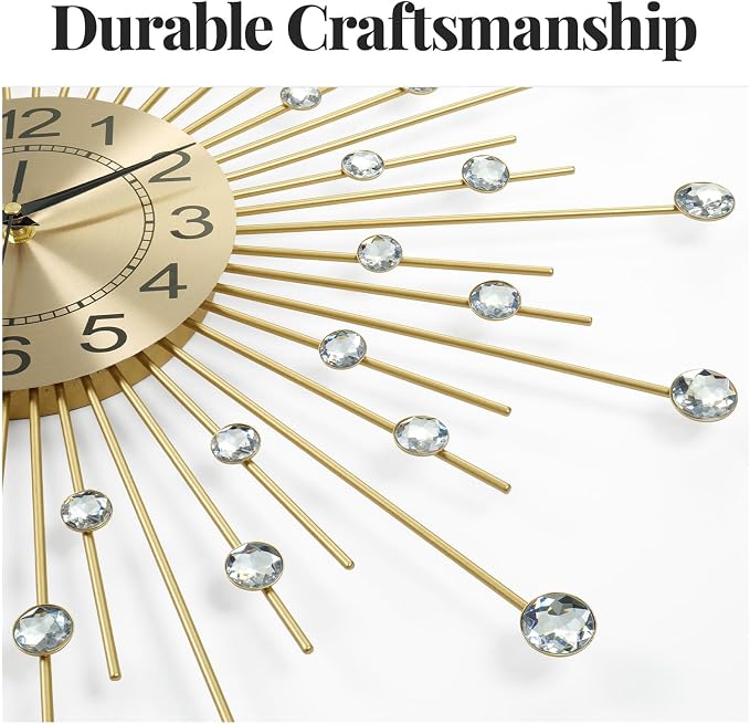 Cuspin 24 Inch Gold Wall Clock, Decorative Crystal Sunburst Mid Century Modern Clocks for Living Room Decor, Luxury Battery Operated Metal Clock Silent Non Ticking for Home Ddecor