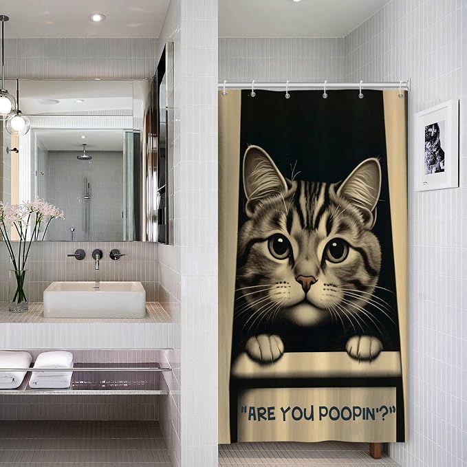 Cat Shower Curtains Cute are You Poopin' Funny Humorous Animal Whimsical Bathroom Curtain Curious Joke Cat Shower Curtain Sets for Bathroom Extra Long 36x72 in with 6 Hooks