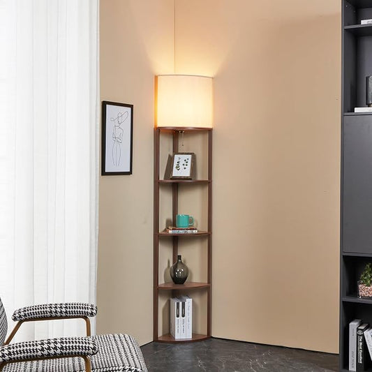 Corner Floor Lamp with Shelves, Tall Corner Lamp with Fabric Shade, Modern Torchiere Lamp for Living Room, Bedroom, Office, Corner Display Shelf with Light, Home Decor, Brown