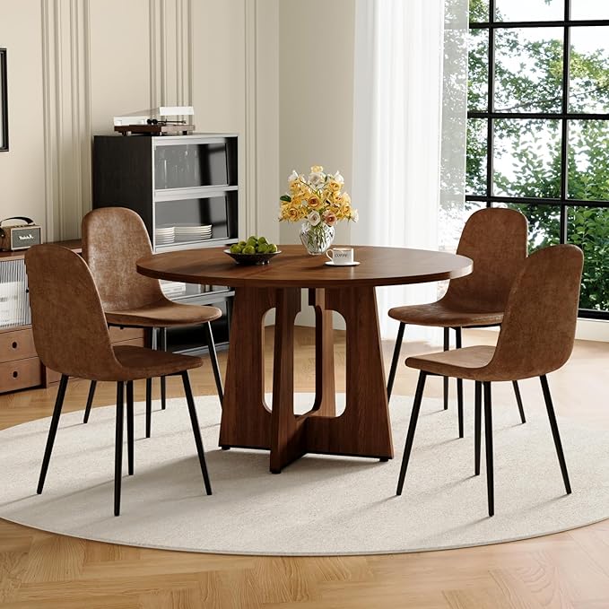 47" Round Dining Table Set for 4, Walnut Wood Grain Table and 4 Brown Suede Upholstered Chairs Set, Mid Century Modern Kitchen Table Set with Cross Legs