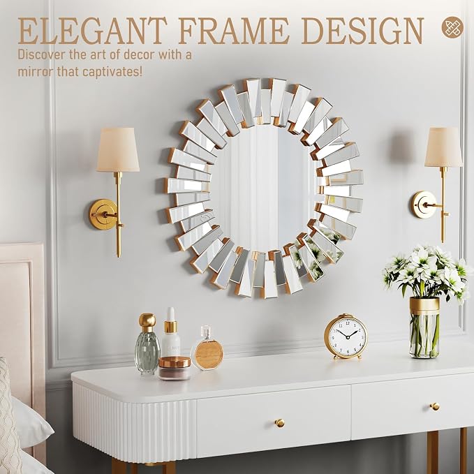 Sunburst Mirror - 26'' Gold Starburst Mirror with Beveled Glass Frame, Wall Decor Mirrors for Living Room, Dining Room, Bedroom,Hallway