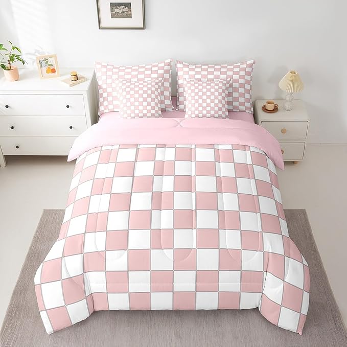 Erosebridal White Pink Plaid Queen Comforter Set with Sheets 7 Piece Light Pink Checkerboard Bedding Set for Kids Girls Teen,Checkered Grid Bed in A Bag Modern Aesthetic Geometric Bed Set