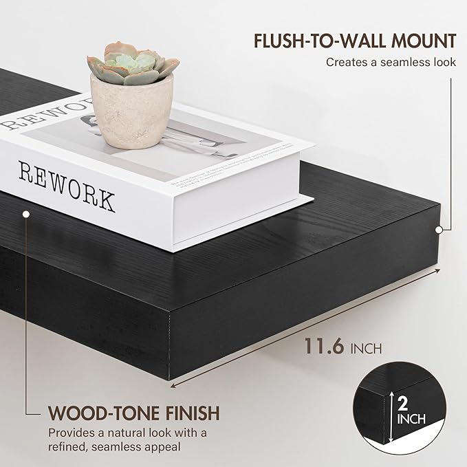 48 Inch Floating Shelves, 12" Deep Floating Shelf Wall Mounted, 48" Wall Shelves, Rustic Deep Bookshelf, Extra Deeper & Thicker Display Shelves for Bedroom, Living Room, Black, Set of 2