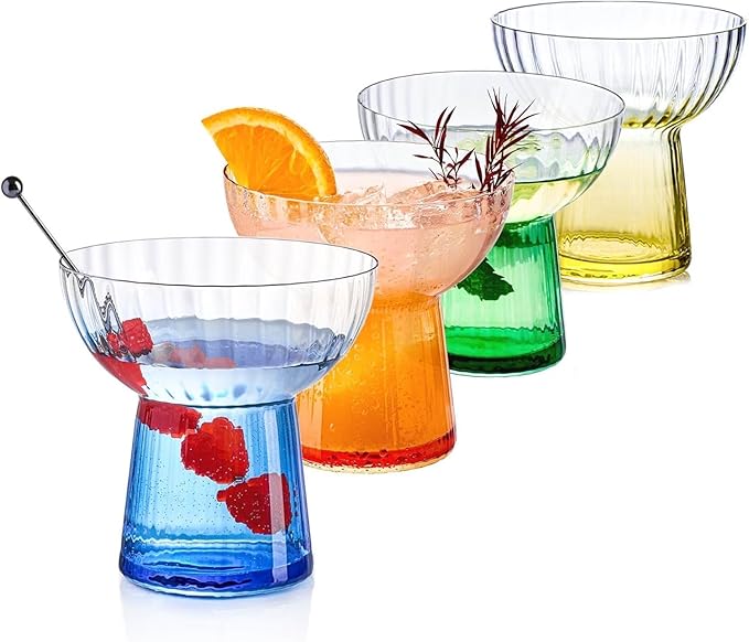 Colored Ribbed Highball Glasses Set of 4, Vintage Iced Tea Glassware, Tall Collins Glasses for Mojitos, Water, or Cocktails, Lightweight Lead-Free Crystal Drinkware (Style 3)