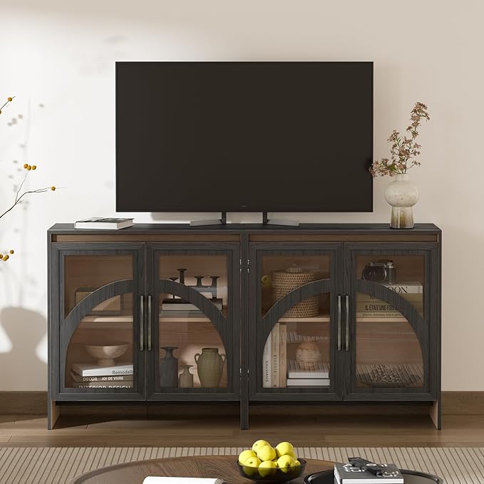 Accent Cabinet with Arched Glass Doors, 31.5” Modern Sideboard Buffet Cabinet with Adjustable Shelves, Storage Cabinet for Living Room, Entryway, Dining Room, Coffee Bar, Black & Oak